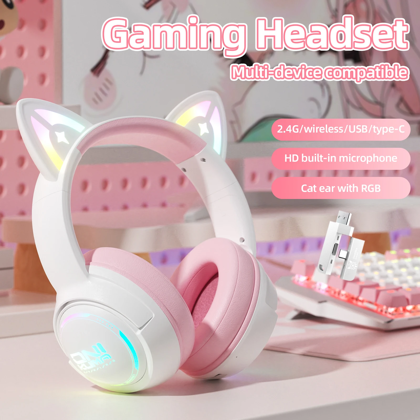 ONIKUMA GT838 سماعة الألعاب سماعة رأس ستيريو مع ميكروفون RGB الإضاءة لطيف ثلاثية الأبعاد الكرتون لباد اللوحي PS4