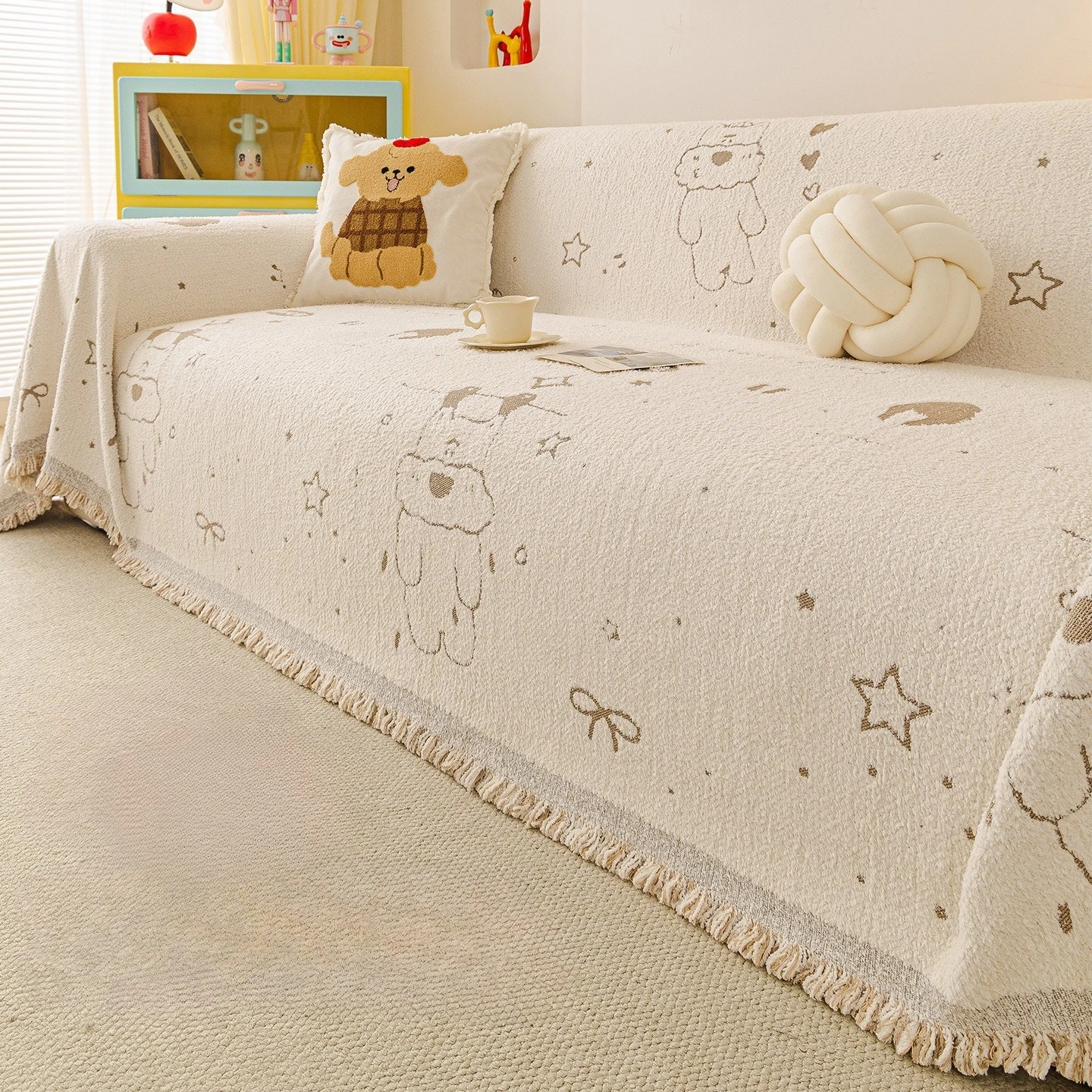 Cartoon Cute Dog Printed Sofa Towel Chenier Anti Cat Scratch Sofa Cover for All Seasons Comfort Knee Blanket for Living Room