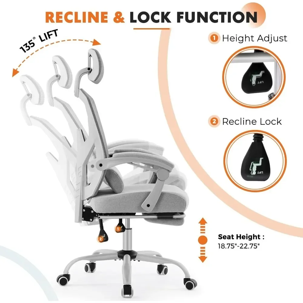 Cadeira de mesa de computador de escritório, cadeiras giratórias ergonômicas de malha com encosto alto e rodas, suporte lombar confortável