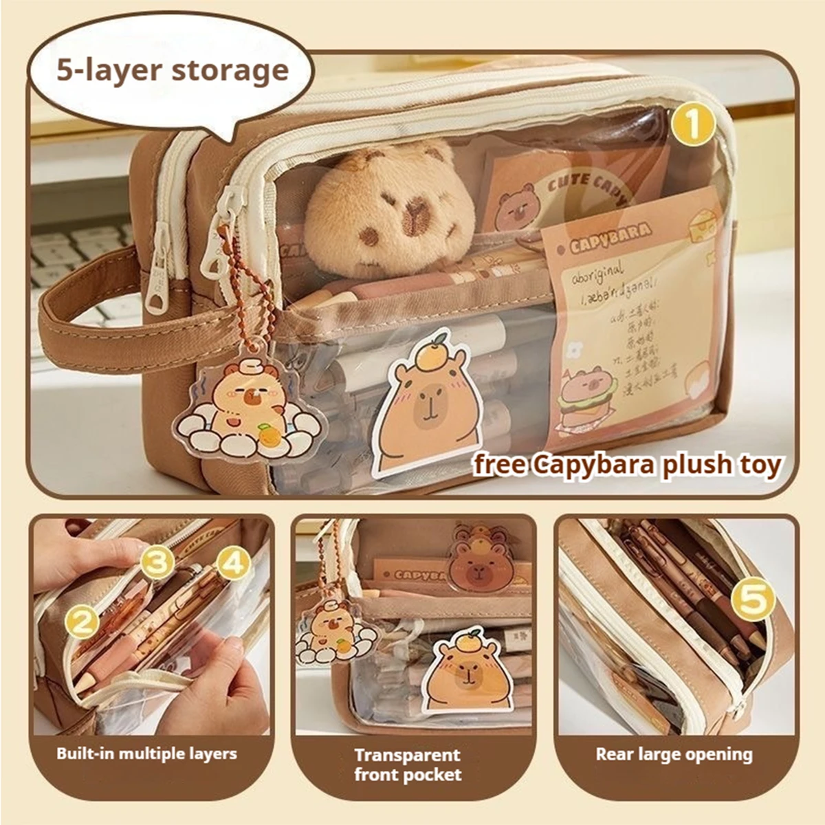 حقيبة أقلام رصاص شفافة ذات سعة كبيرة من Kawaii مع مقبض حقيبة أدوات مكتبية مدرسية محمولة للأطفال حقيبة أقلام رصاص للعودة إلى المدرسة