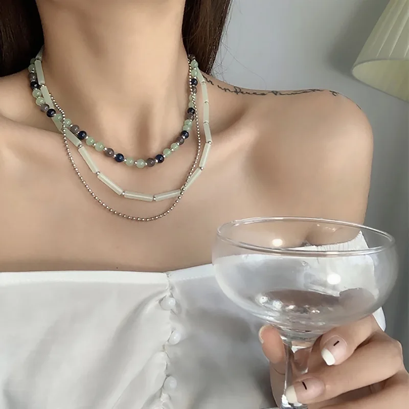 Ожерелье из Нефритового стекла с бусинами изысканный кулон с бусинами многослойный дизайн женское винтажное изысканное ожерелье аксессуары