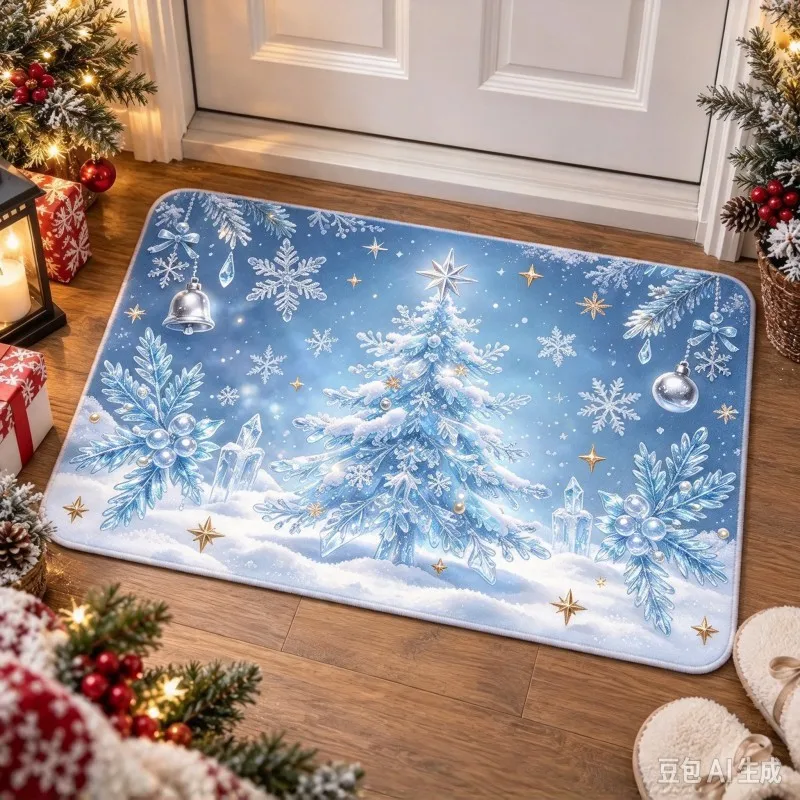 VIKAMA Ice Snowflake Christmas Tree Doormat, Non Slip & Soft Warm Mat for Front Door Balcony, Home Kitchen Entrance, Home Décor