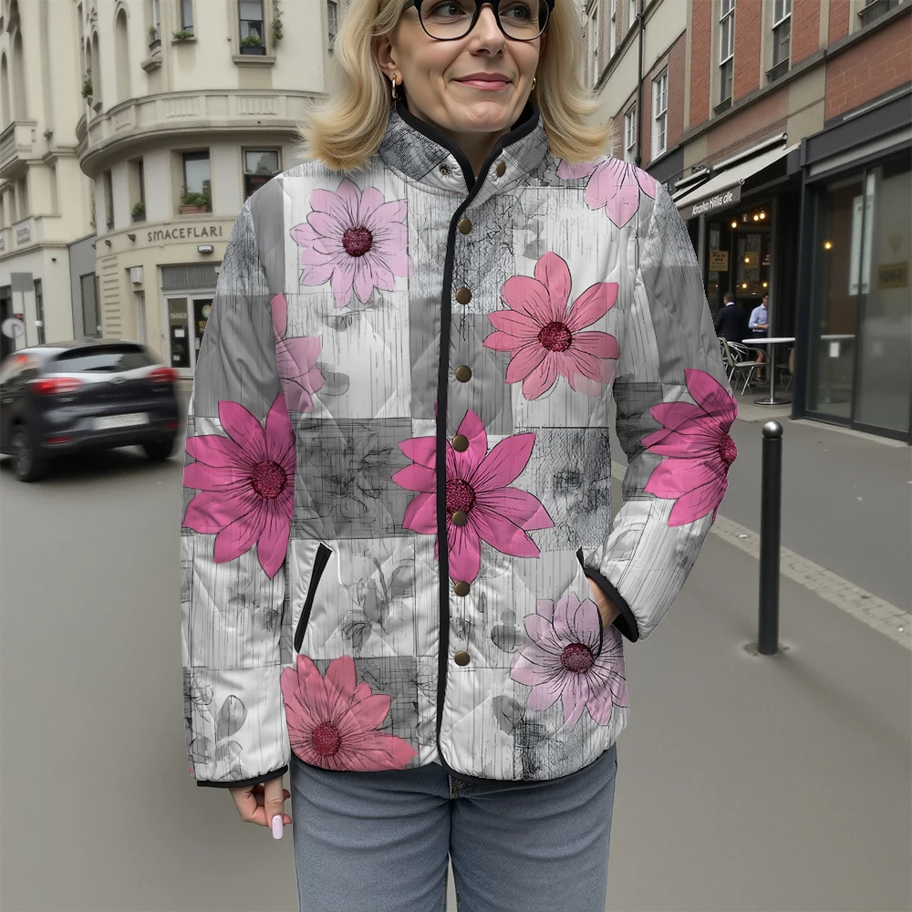 Women Trendy Patchwork Quilted Jacket Multi-Pattern Floral Gingham Design Stand Collar Brown Button Coat for Autumn Winter Wear
