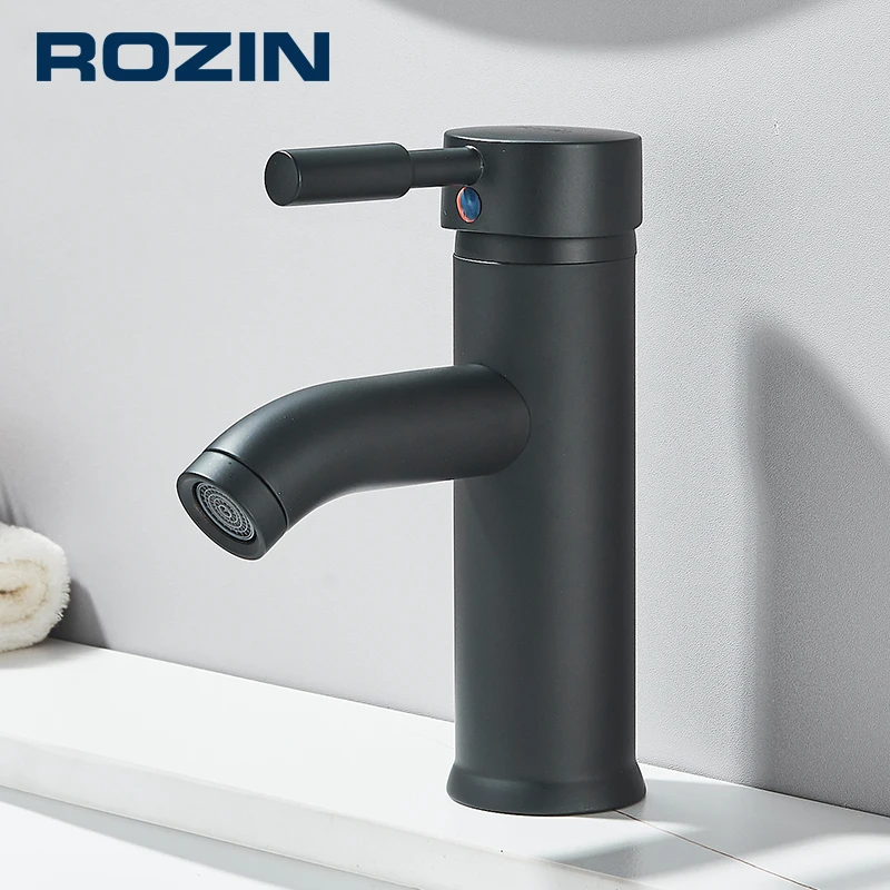 Rozin Matte Black Basin Faucet Deck Mounted Single Lever Bathroom Crane Waterfall Brass Bathroom Tap Hot Cold Water Mixer Taps