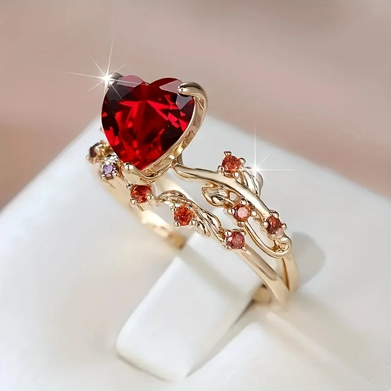 Fashionable Gold Color Double-layer Inlaid Red Heart-shaped Synthetic Zirconia Ring for Women's  Banquet Mothers Day Jewelry