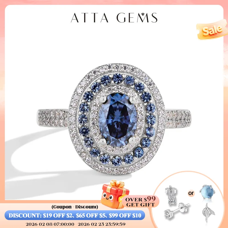 

ATTAGEMS Blue Moissanite Women Rings Oval Cut 1.0CT Real S925 Sterling Silver Jewelry For Wedding Engagement Ring With Certified