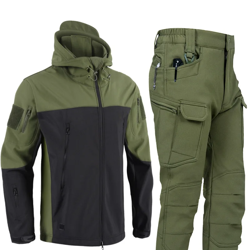 Men's New Sharkskin Sets Patchwork Hooded Windproof Jacket+Splash-proof Fleece Softshell Pants Outdoor Warm Work Two-piece Suits