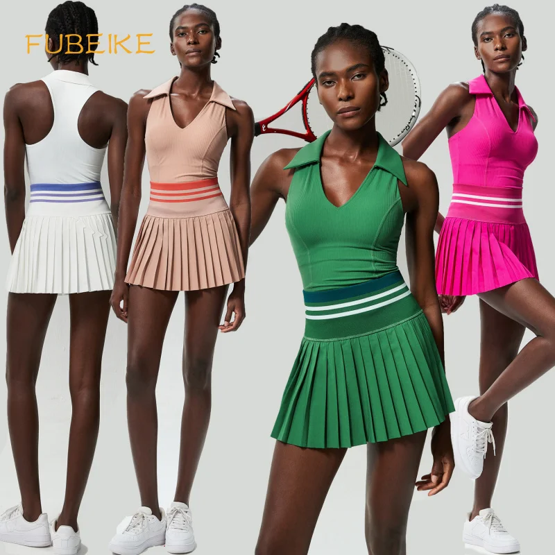 FUBEIKE Sportswear Woman Gym Plus Size Sports Fitness Tennis Skirt Set For Women With Chest Pad V Collared Workout Clothes