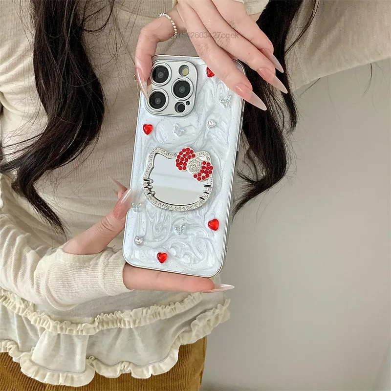 Hello Kitty 3D Cartoon Makeup Mirror Design Phone Case Suitable For Iphone 16 15 14 13 Promax New Trendy Anti Fall Phone Cover