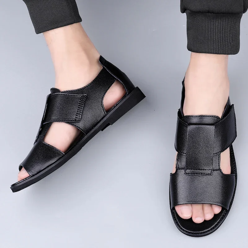 Summer Men Genuine Leather Sandals New Design Fashion Casual Black Slip on Sandals Leather Sandals Man Men\'s Flats