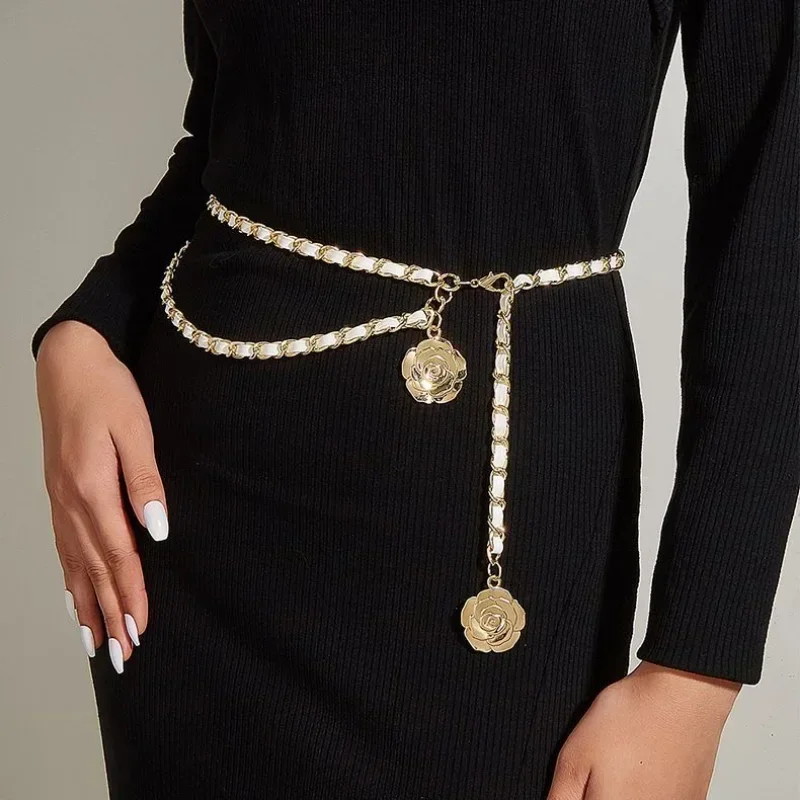 2024 Ladies Fashion Metal Waist Chain Flowers Camellia Woman Thin Waist Chain Dress Pants Decoration Belts for Women Luxury