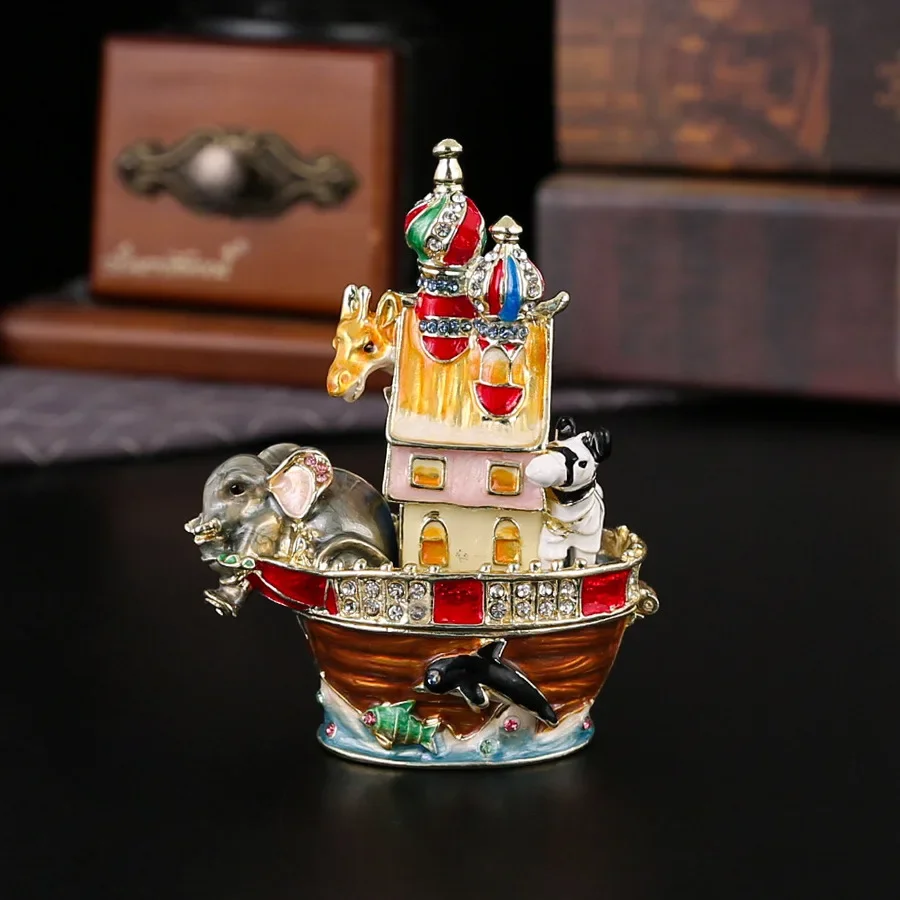 Vintage Metal Noah's Ark Jewelry Box Creative Animal Shaped Trinket Storage Container for Christmas Gift Collection