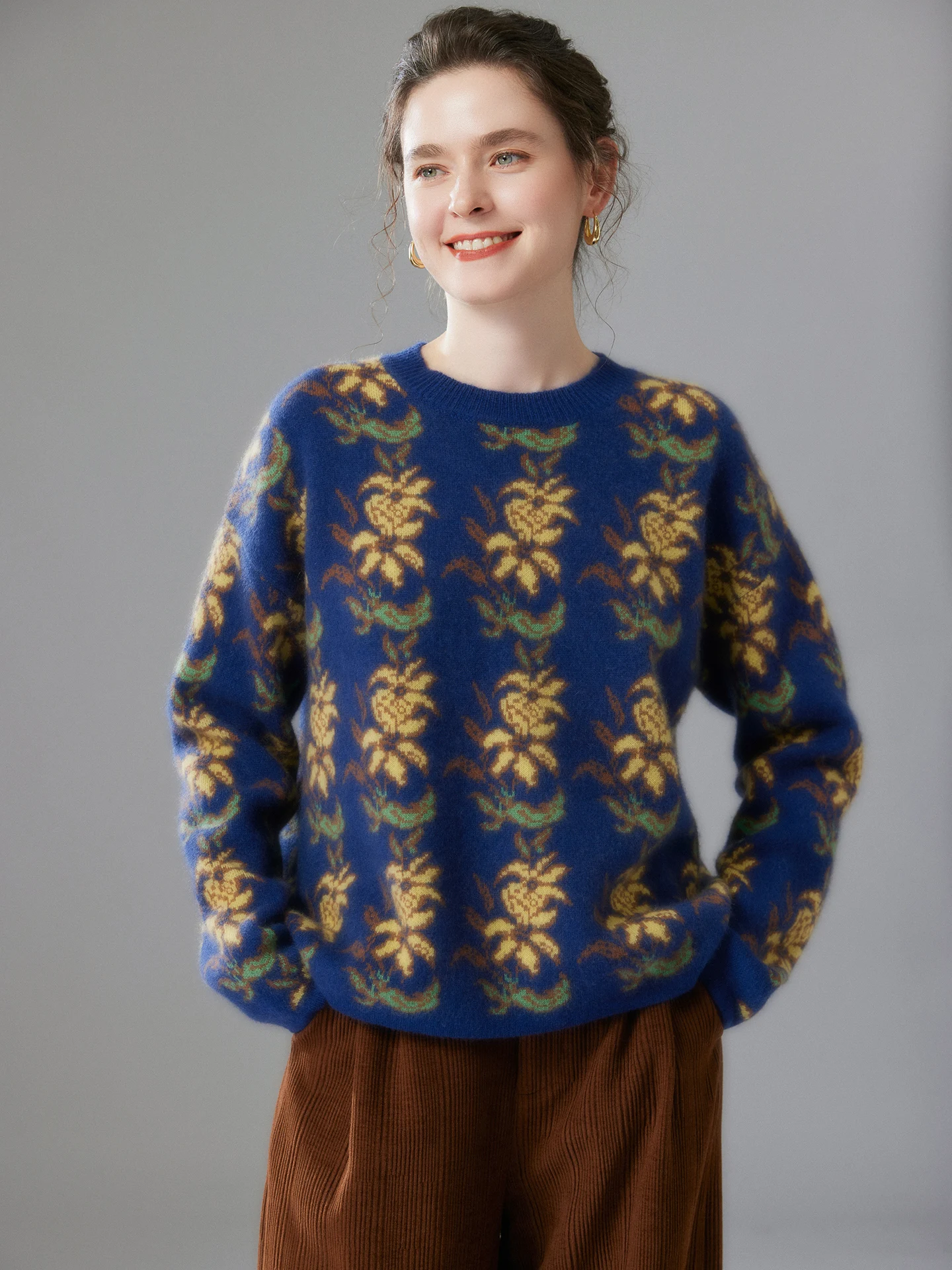 

Autumn Winter Retro O-neck 100%Pure Cashmere Pullover Sweater Women Loose Thickened Jacquard Fashion Knitted Coat Elegant Gentle