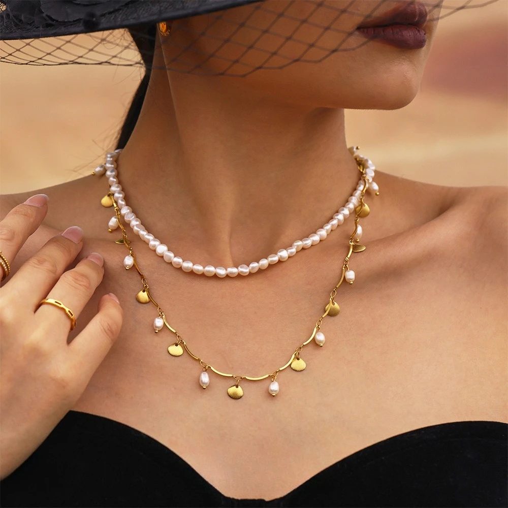 Collar de perlas, joyería de acero inoxidable, cadena dorada, joyería dorada, collares para mujer, regalos para novia, collar de oro, acero.