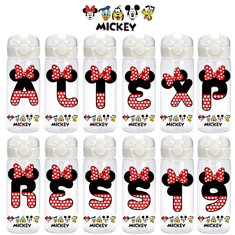Taza de agua transparente con pajita de Mickey Mouse de Disney, 400ML, letra Mickey A-Z, número 1-9, taza de agua potable para niños y adultos