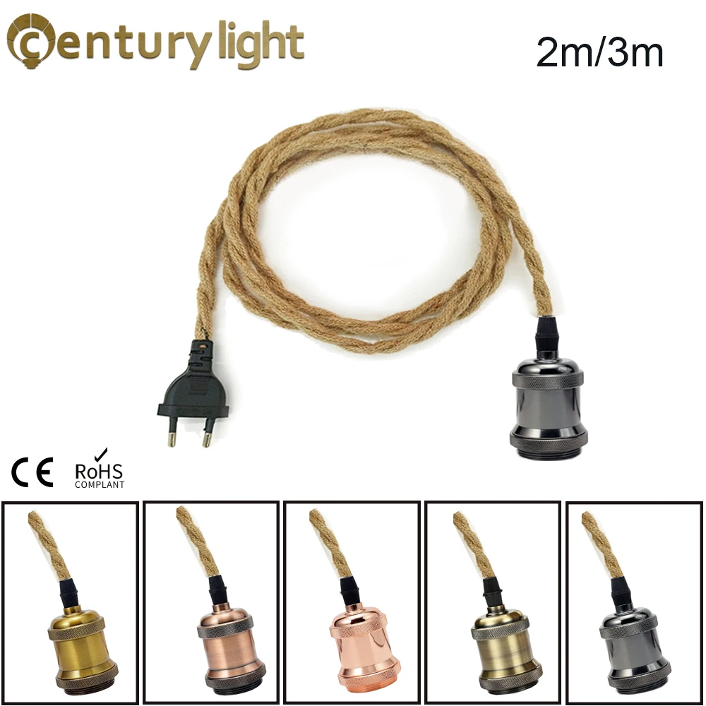 Cable de alimentación de cuerda de cáñamo trenzado, enchufe europeo, E26, E27, Bombilla Edison, 2 metros, 3 metros, luz colgante Retro