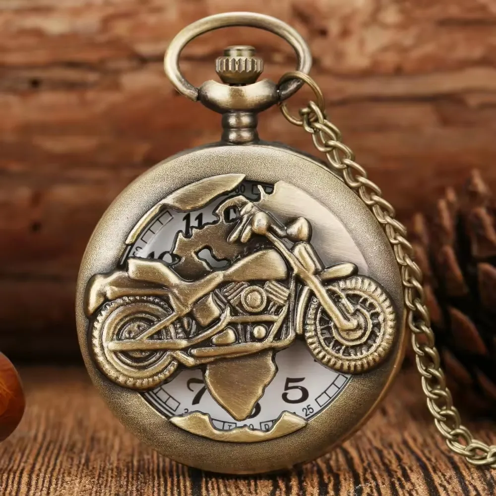 European retro bronze motorcycle pocket watch with flip-top embossed punk style pendant quartz watch for both men and women