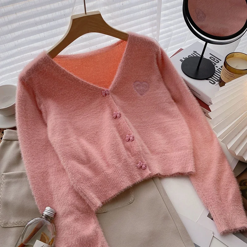 

Розовый свитер женский зимний ort Sve Long Sve V-ne корейский Sle Sweet Faionable модный прямой крой на одной пуговице