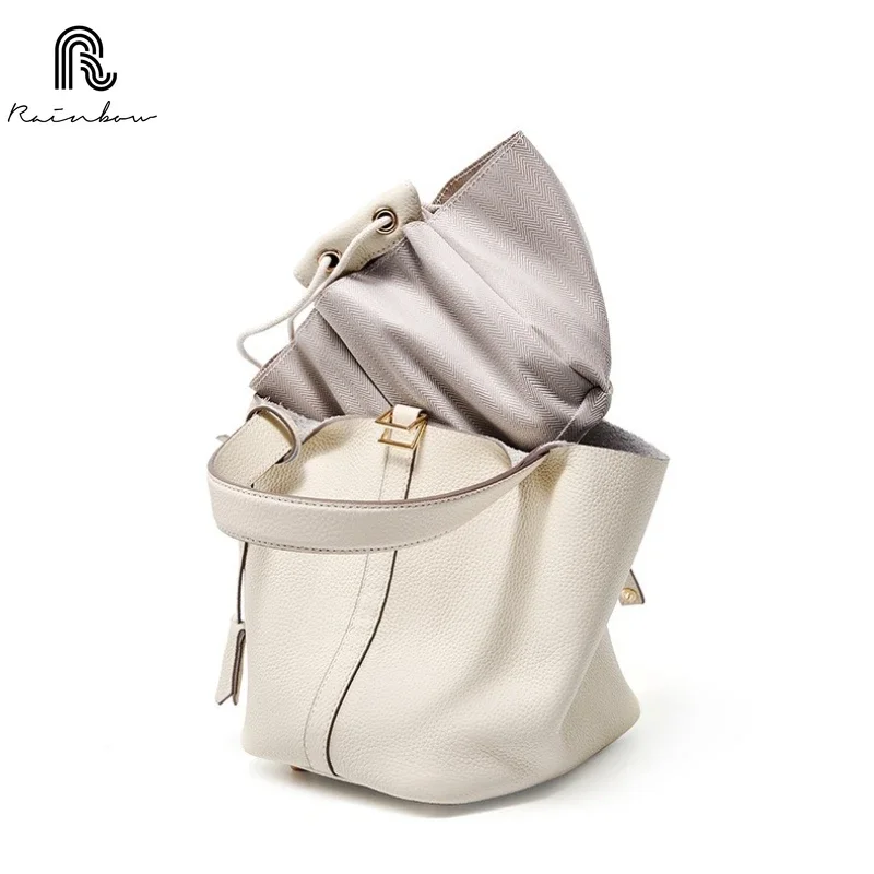 RAINBOW New Genuine Leather Luxury Bag Fashion Women's Handbag Vegetable Basket Style Portable Women Bucket Bag with Lock