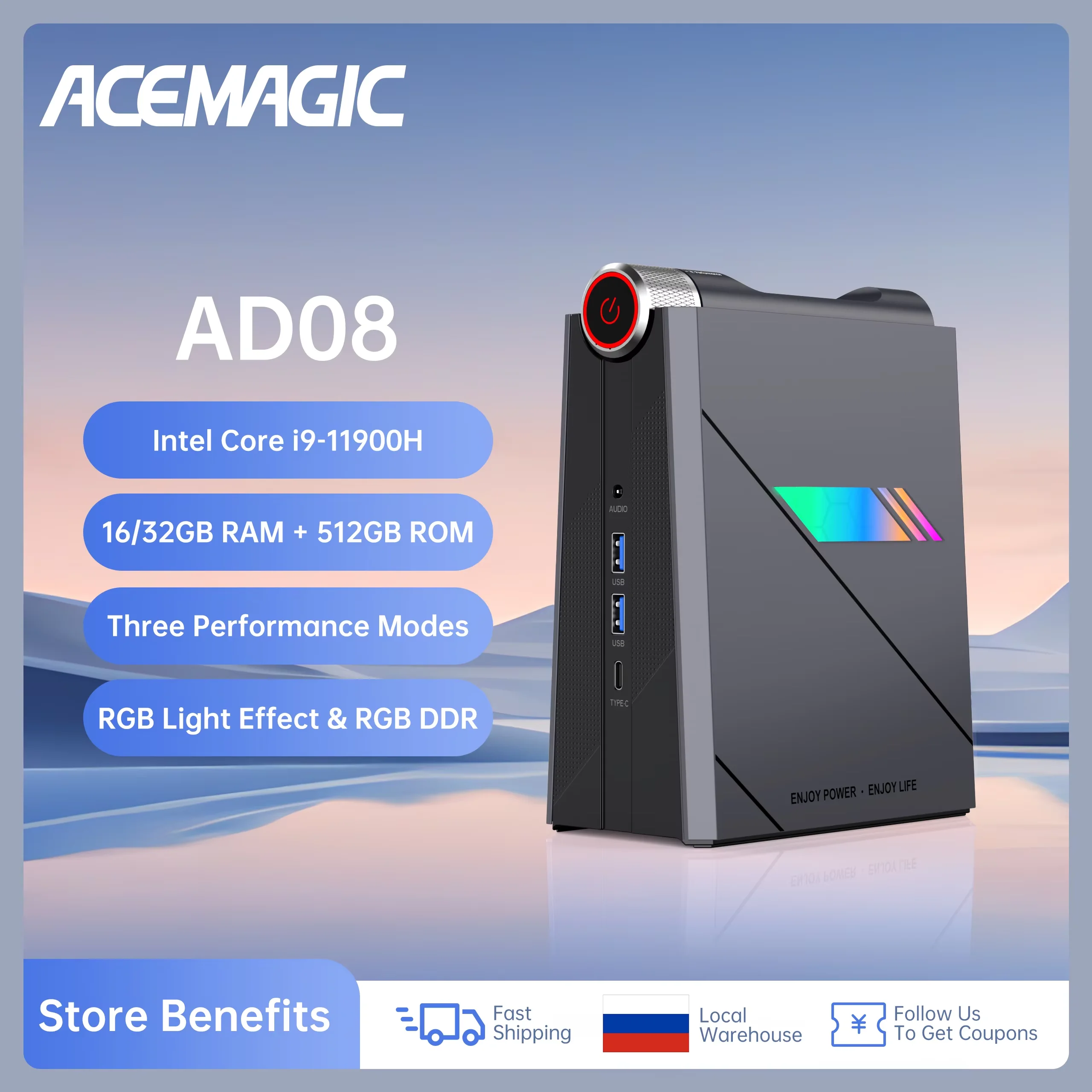 ACEMAGIC AD08 Mini PC Gaming Intel Core i9-11900H/12900H RAM 16/32GB DDR4 512GB SSD Gamer Computer RGB Light Control WiFi6 BT5.2