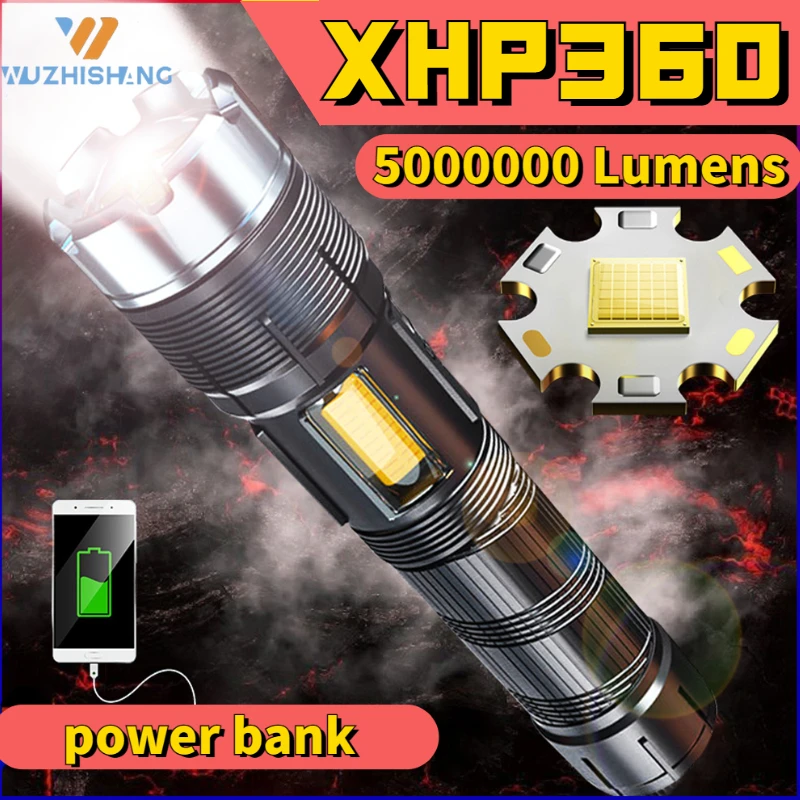 

XHP360 Strong Light Tactical Flashlight High Power Outdoor Camping Waterproof Zoomable Lantern 7 Modes USB Rechargeable Torch