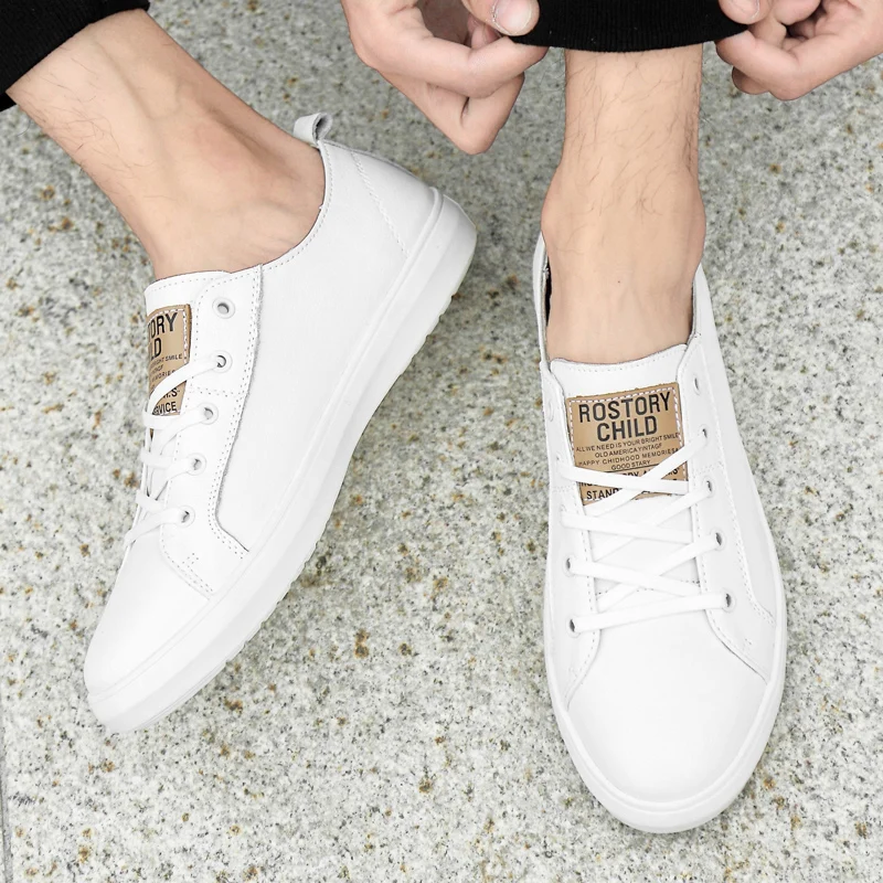 Spring Men Outdoor Sport Little White Shoes Lace-up Fashion Casual Sneakers Versatile Leather Shoes Elevated Male Board Shoes