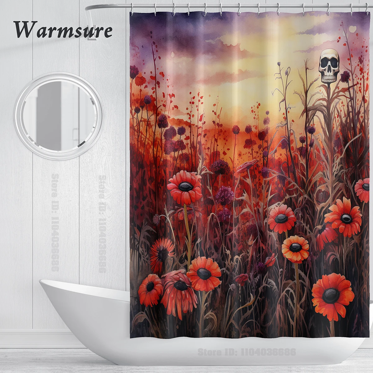 Fabric Floral Waterproof Shower Curtain Set with 12 Hooks Watercolor Bath Curtain Modern Bathroom Decorative Accessories