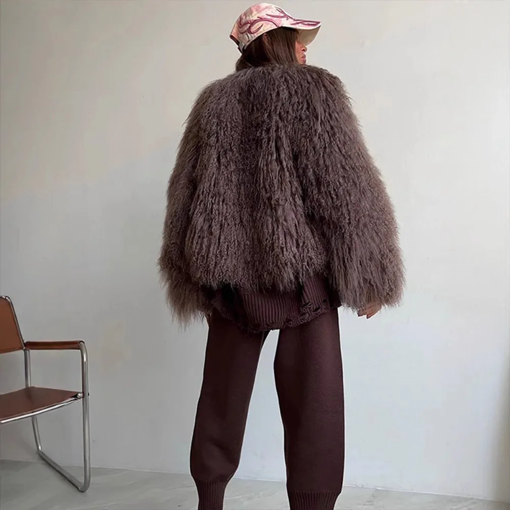 Fashion Brown Curly Faux Fur Coat Women's Round Neck Loose Long Sleeves Thick Plush Jacket Winter New  Warm Short Furry Coats