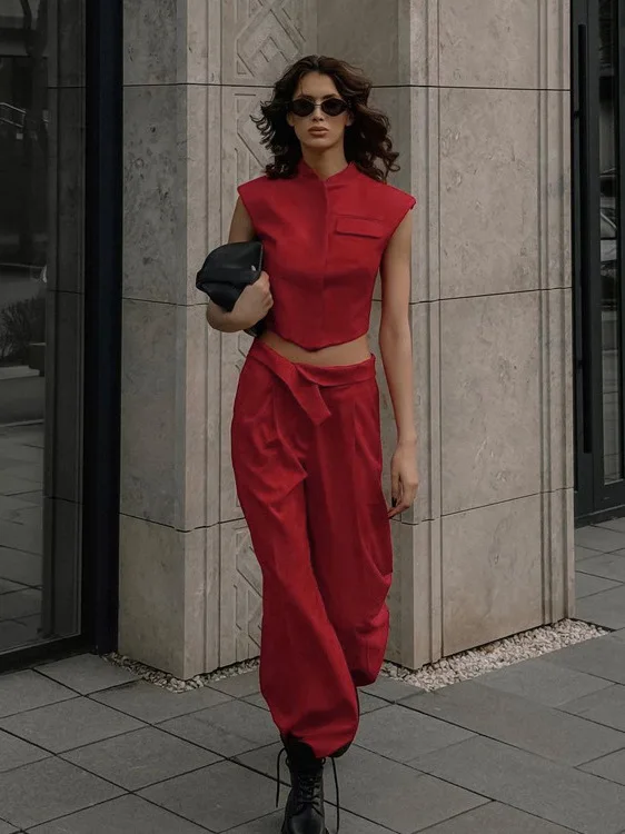 

Женский топ и широкие брюки Street Faion ort Sve с воротником-стойкой, комплект из двух предметов, летний наряд V Ne для женщин