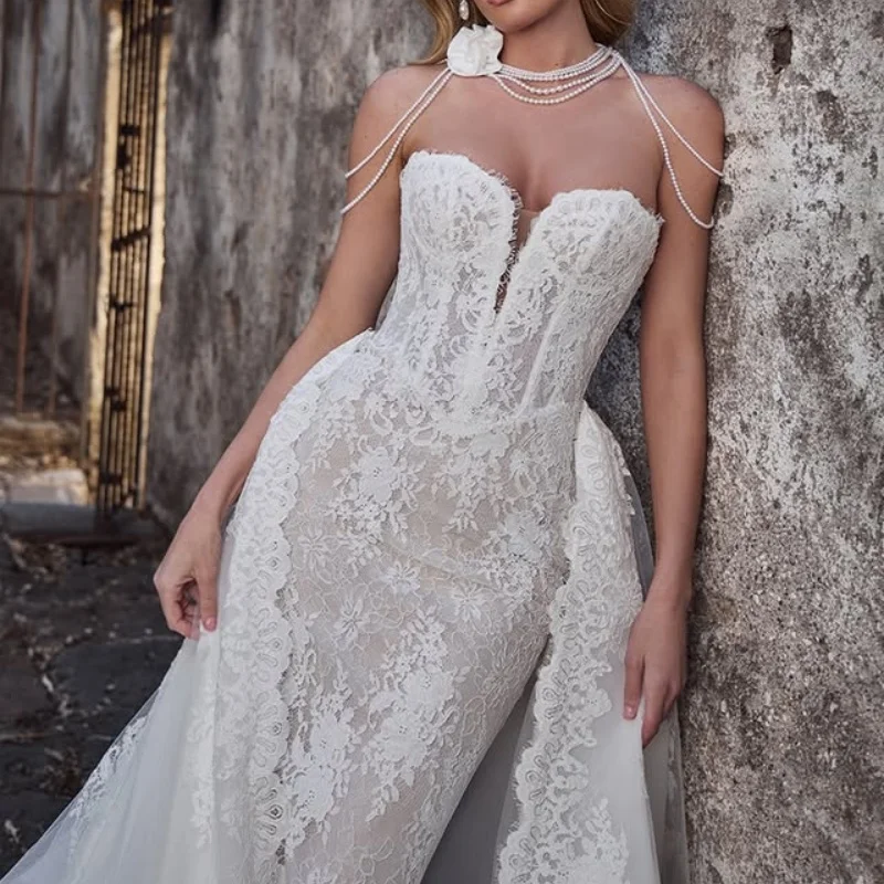 Shiny White Wedding Dresses The corset Lace decal Bridal Gownsf detachable train fishtail multi-layer Made ﻿Customize