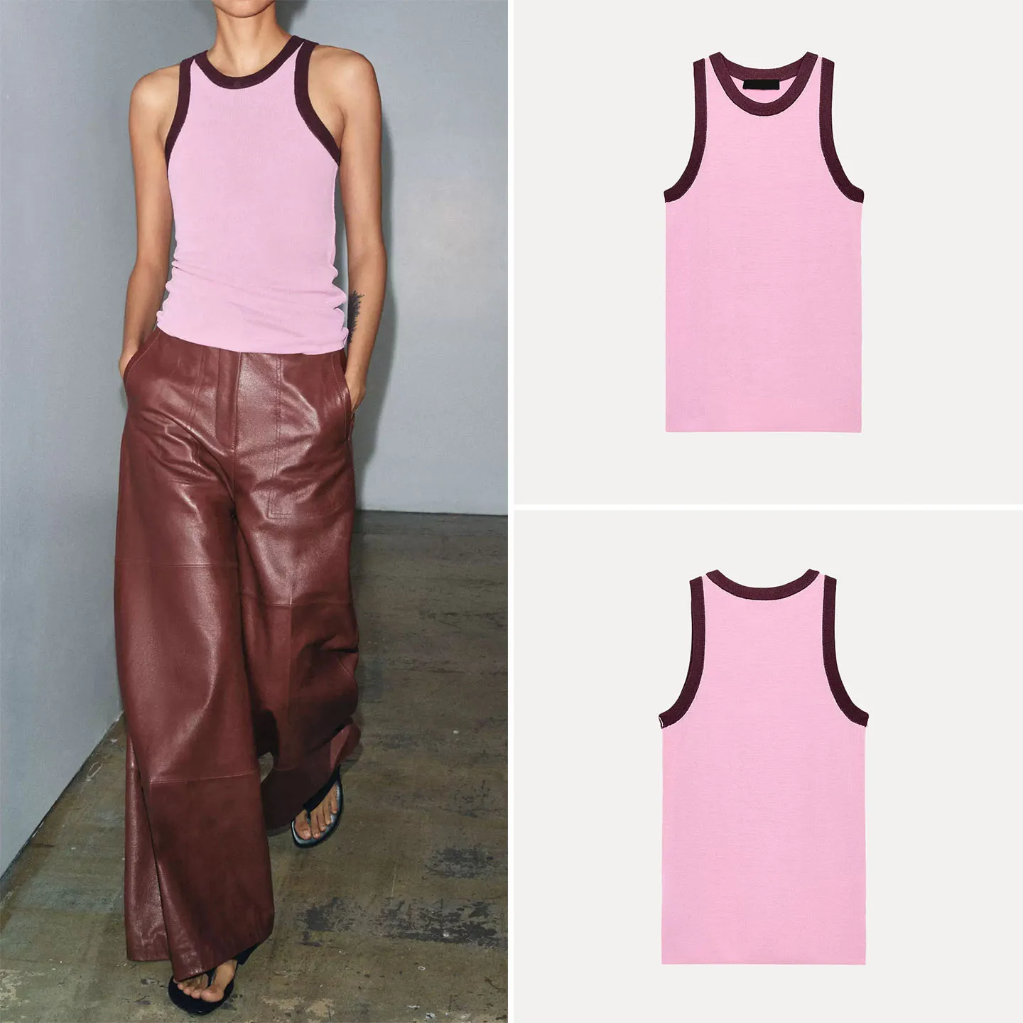 Women's Casual Style Knitted Top Collarless 2026 Spring New Color Block Stripe Pattern H-Shape Vest round Neck Hang Neck