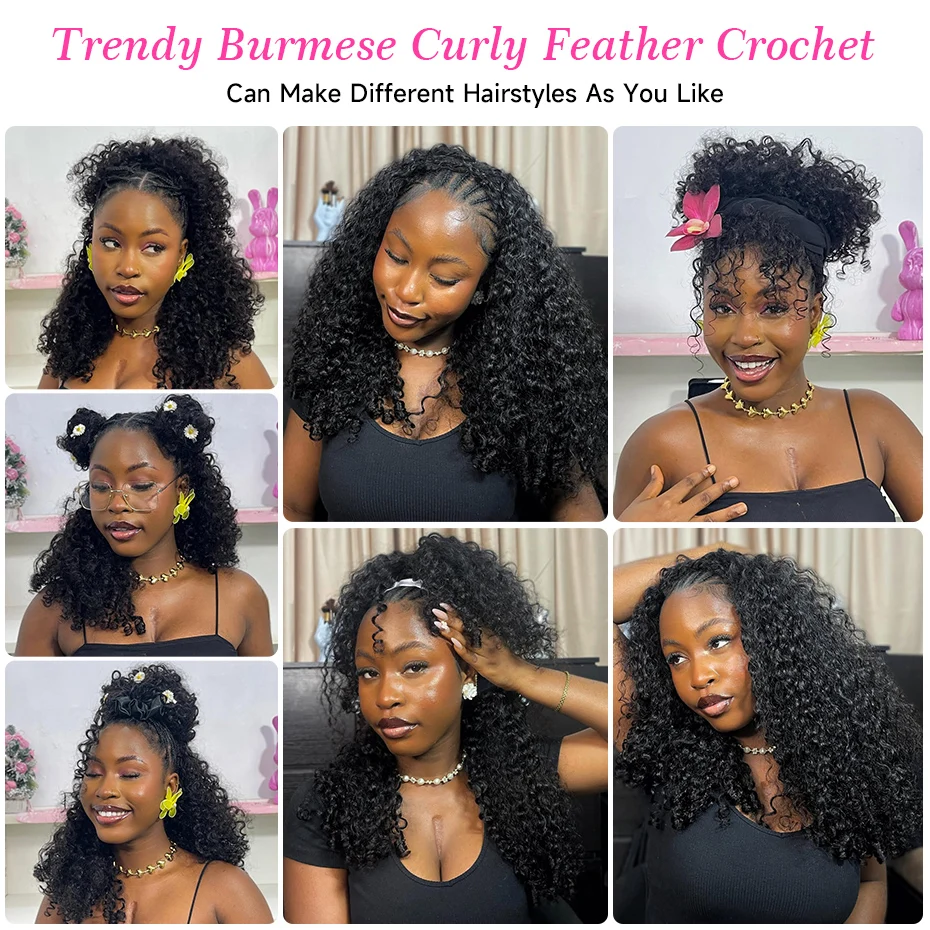 100% Human Hair Feather Crochet Pre Looped Invisible Miracle Knots Burmese Curly Hair Feathered Crochet Human Hair 1B Natural Colored Pre Braided Deep Wave Curly Hair Weave Bundles Remy Human Hair Extensions 18 20 22 24 Inch Free Shipping view 8