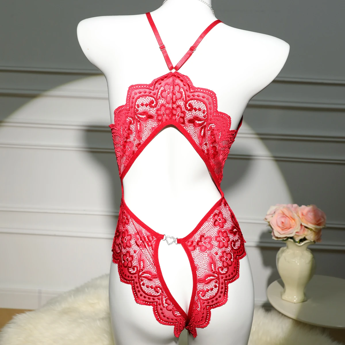 Sexy Crotchless Red Lingerie Women Lace Hollow Bodysuit Transparent Erotic Pajamas Deep V Open Bra Porn Underwear Sets Nightwear