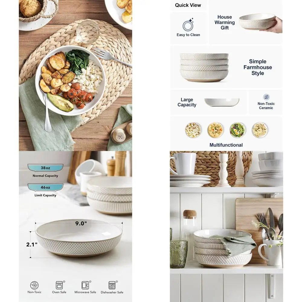 

Set of 4 Arctic White 9 Inch Stoneware Bowls - Large Pasta, Salad, Serving, Fruit Dish for Wedding and Housewarming Gifts