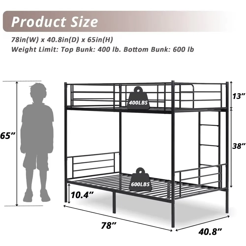 Black Bunk Bed Twin Over Twin, Metal Bunk Bed with Built-in Ladder and Safety Guardrail, Space-Saving Twin Bunk Beds for Kids