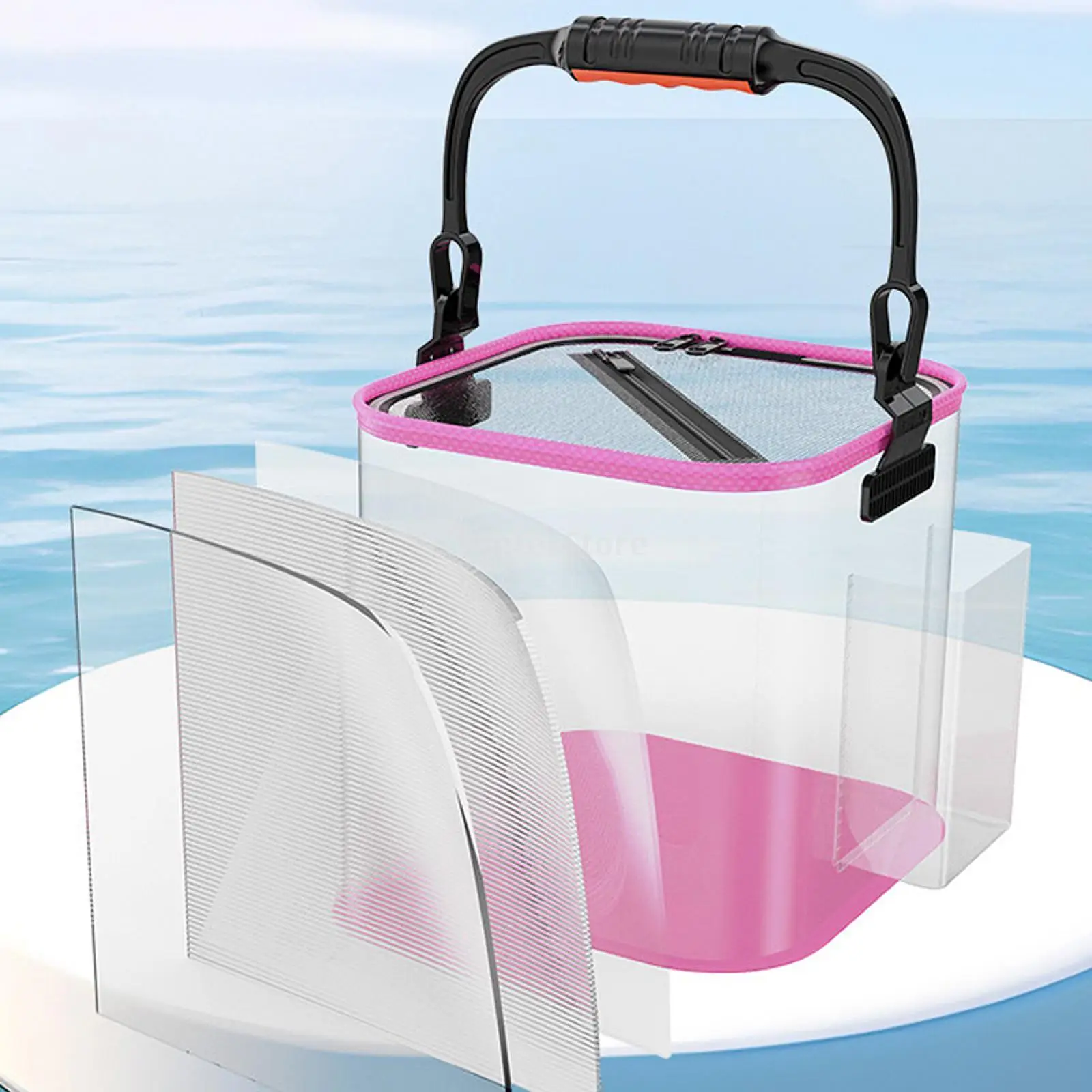 دلو صيد قابل للطي، دلو تخييم متعدد الاستخدامات شفاف مع حبل مائي مع حاوية تخزين للتخييم في الهواء الطلق