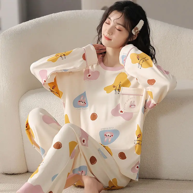 

2024Ladies Spring Autumn Pajamas Pure Cotton Pyjamas Long Sleeve Pants Sleepwear Set Cute Crew-neck Nightdress Couple Loungewear