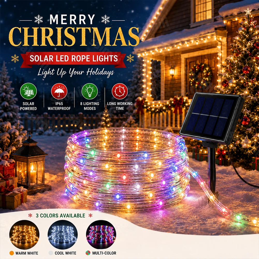 Waterproof Outdoor Solar LED Fairy Lights Tube Rope 8 Modes Glow Lamp for Lawn Fence Christmas Wedding Holiday Home Party Decor