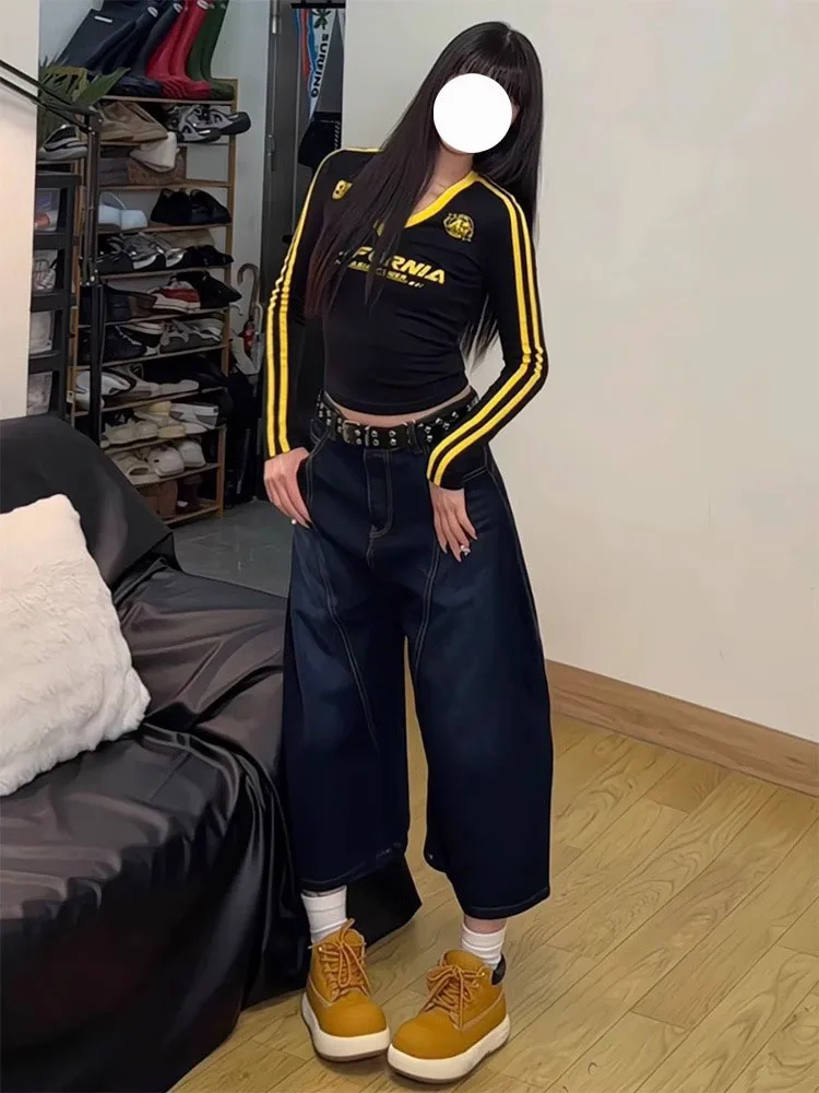 حجم كبير الأمريكية با خياطة الربط سكين الجينز المرأة الخريف جديد واسعة الساق سبعة أقدام orts الدنيم السراويل عالية الخصر