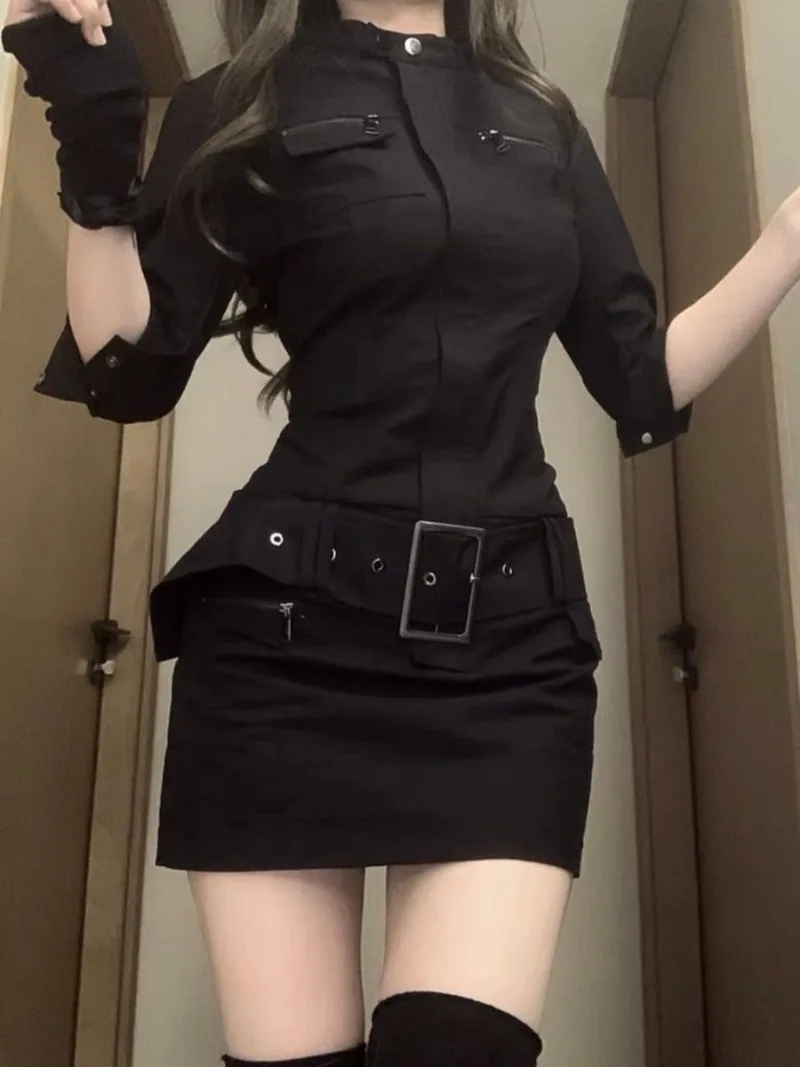Autumn Vintage Cargo Clothing Black Slim Y2k Mini Dress Short Party Elegant Bodycon One Piece Korean Fashion