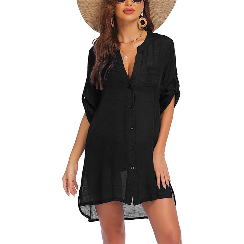 Summer Sun Protection Beach Shirt Female Button Splicing Cardigan Mini Dresses Women's Bikini Cover-up Casual Vacation Beachwear
