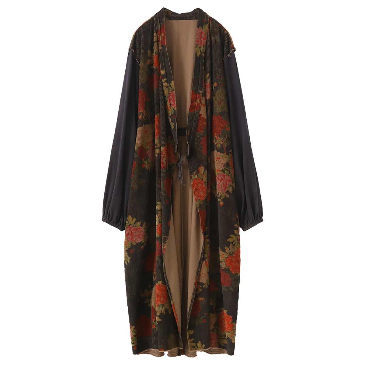 LZJN ฤดูใบไม้ผลิหลวม Retro Corduroy พิมพ์แจ๊กเก็ตจีน Zen สไตล์, การปิดกั้นสี Long Trench Coat สําหรับ Plus ขนาด