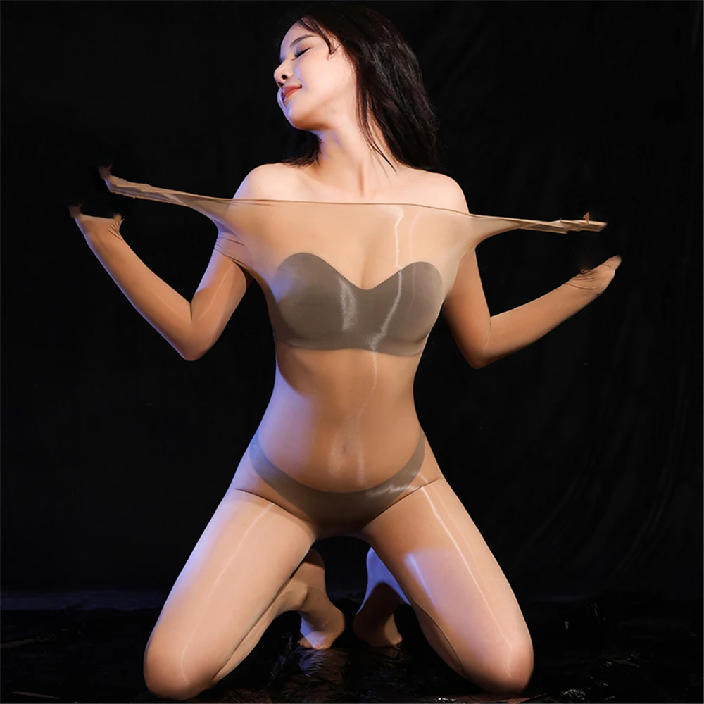 مثير المرأة تأثيري خادمة الجوارب المرنة النفط لامعة لامعة ارتداءها ثوب فضفاض رقيقة ضيق بذلة تشكيل يوتار مفتوحة المنشعب