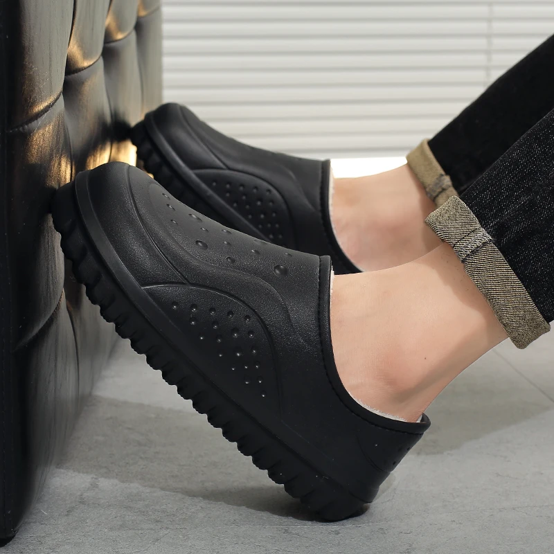 Мужские зимние тапочки на закрытом каблуке — утолщенная теплая флисовая подкладка, морозостойкая домашняя нескользящая домашняя обувь с закрытым носком