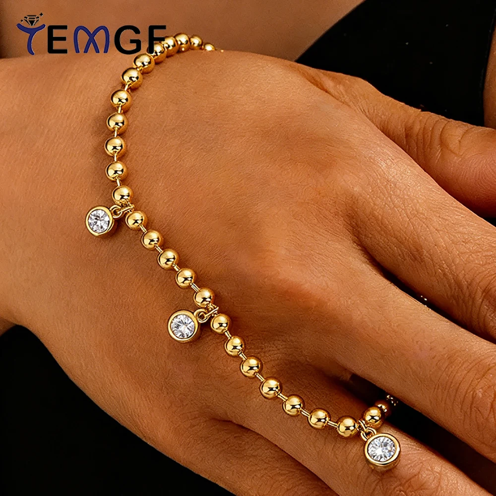 

TEMGF Certified Single Real Moissanite Bubble Bracelet for Women Men S925 Silver Wrist Jewelry Fashion Gold Color Ball Chain