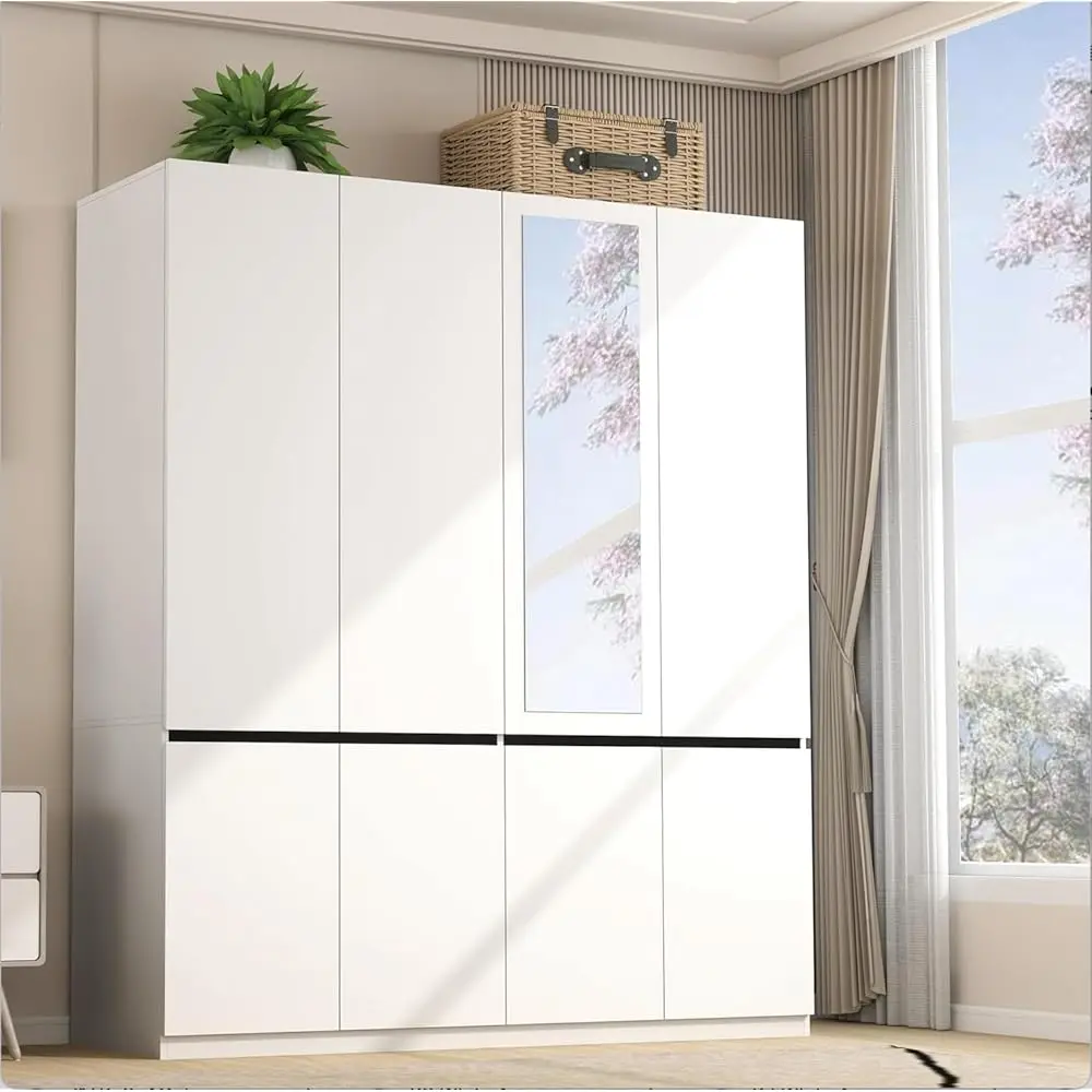 

White Armoire Wardrobe Closet: Closet Storage Cabinet For Bedroom, Wood Wardrobe Armoire With 4 Doors, 2 Hanging Rods, And A
