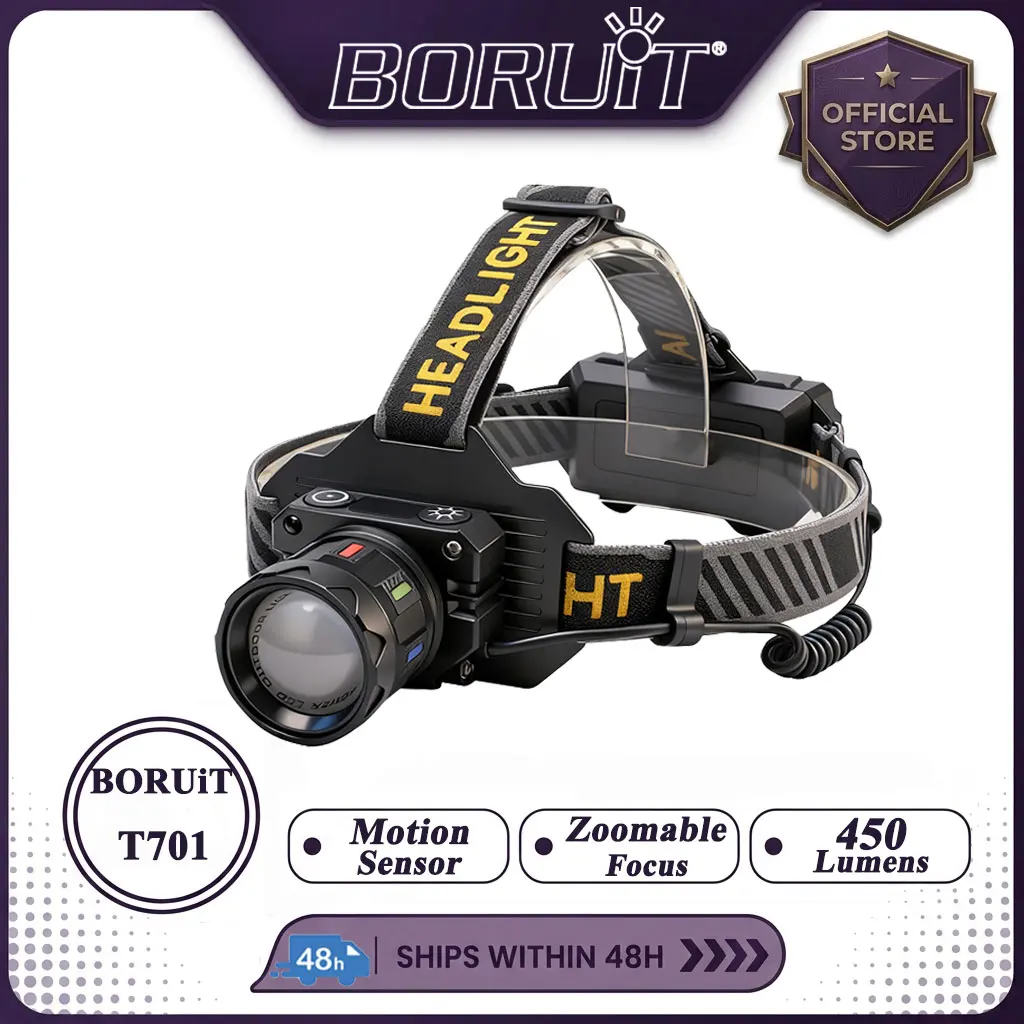 BORUiT 1000LM Motion Sensor Zoomable LED Headlamp 500M Long Throw Type-C Rechargeable Headlight Waterproof Camping Head Torch