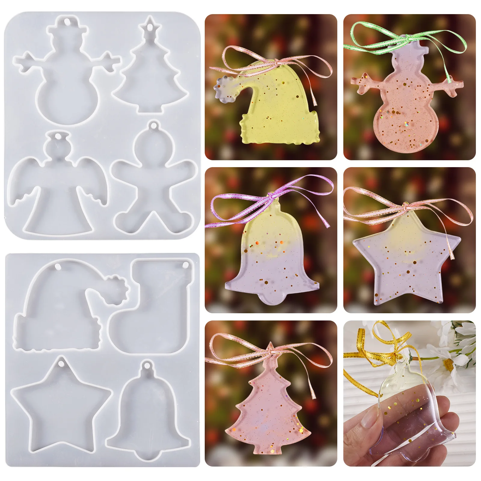 Christmas Style Pendants Epoxy Resin Mold DIY Cute Bell Socks Snowmen Tree Keychain Silicone Mold Party Decoration Handmake Gift