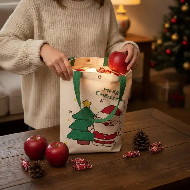 Christmas Holiday Gift Bag Handheld Cotton Linen Santa Tree Pattern for Thanksgiving Xmas Party Favors Decor 2026
