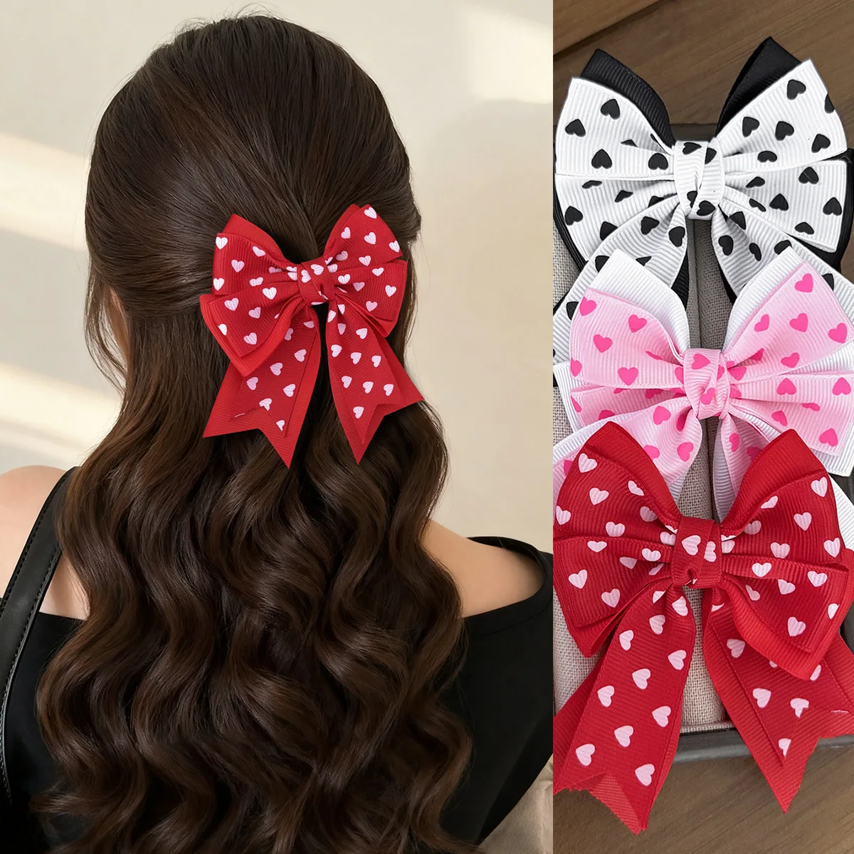 

30 PCS/Lot, 3.5" Sweet Heart Print Ribbon Bow Hair Clips For Children Girls Ponytail Clips Fashion Hair Accessories